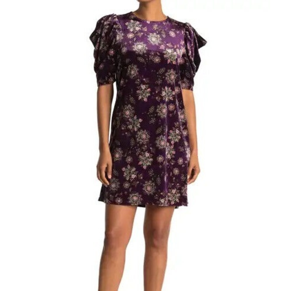 Dual Nature Purple Velvet Floral Dress Size Large Puff Sleeve Cottagecore NEW